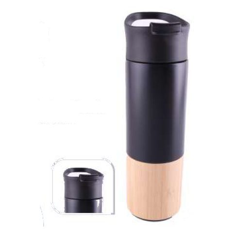 Bamboo-finish vacuum bottle with handle, 500 ml