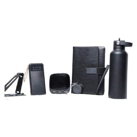 7-in-1 gift set: Water bottle + Mobile stand + Notebook + Power bank + Clock + ID card holder + Pen
