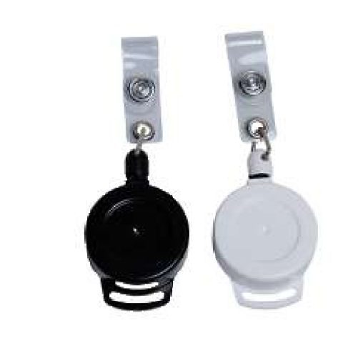 Retractable badge reel with belt clip, round